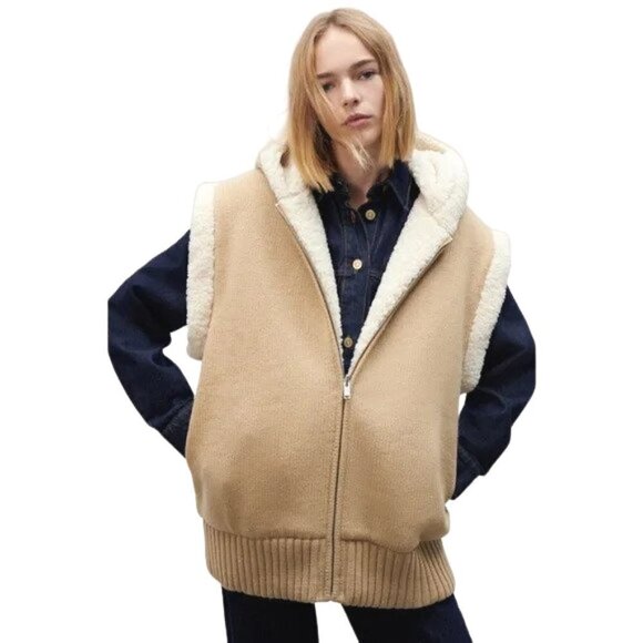 Zara Oversized Sweater Vest Jacket Womens Medium Sherpa Fleece Hooded NWT CJ1221 - Picture 1 of 14